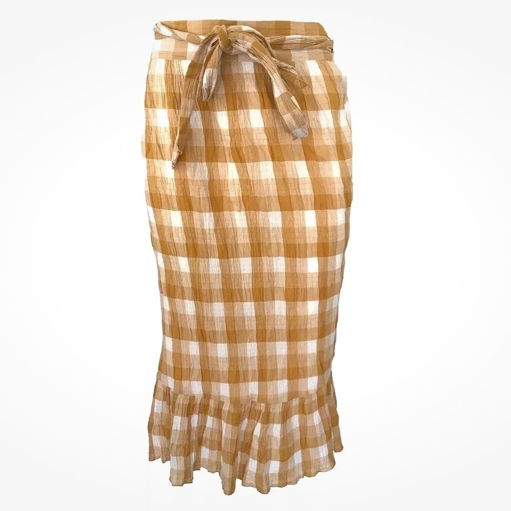 Anthropologie Sz S Orange Plaid Wrap Midi Skirt Ruffle Trim Casual Style